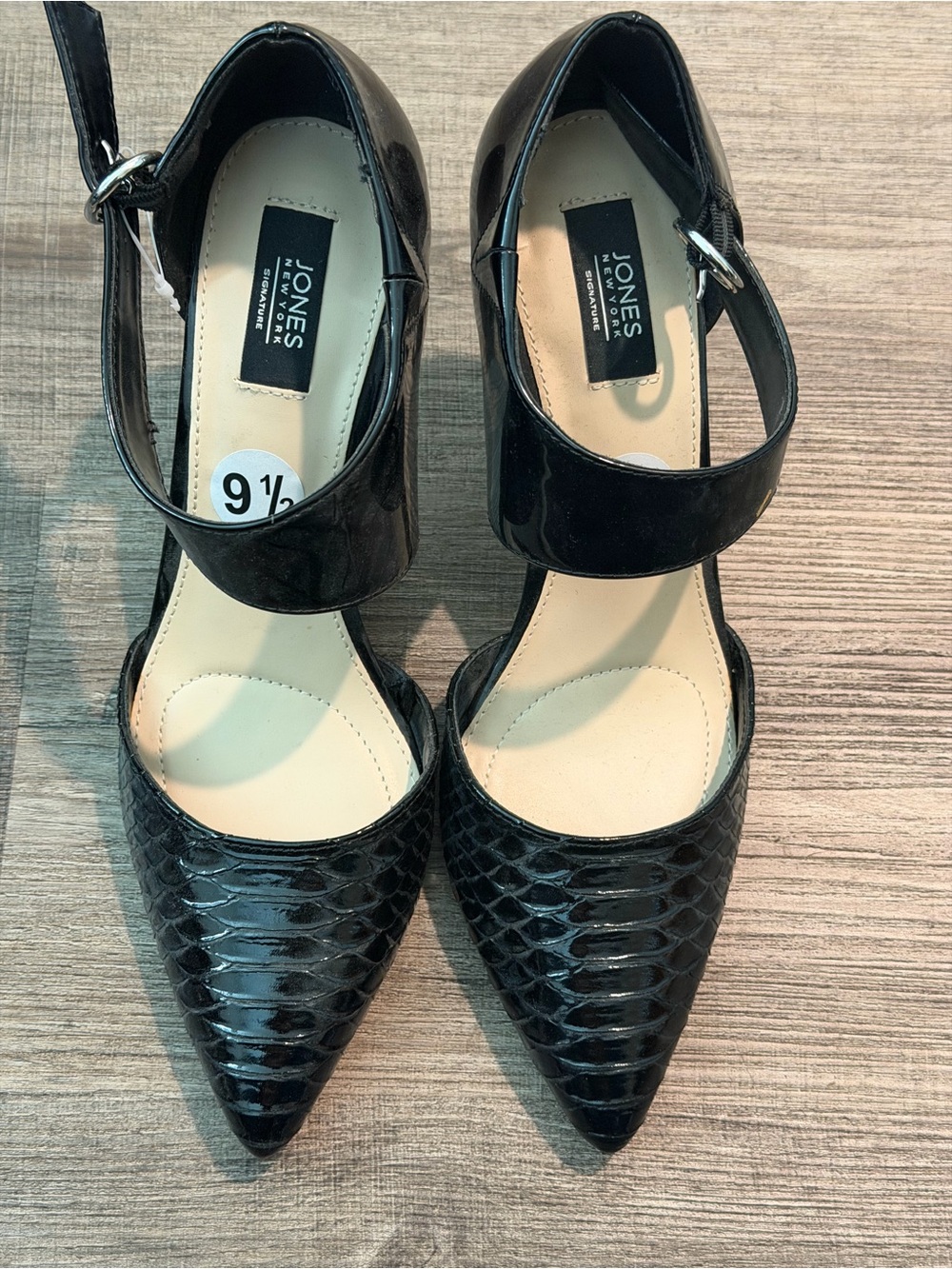 Jones New York Black Textured Pointed-Toe Ankle-Strap Heels